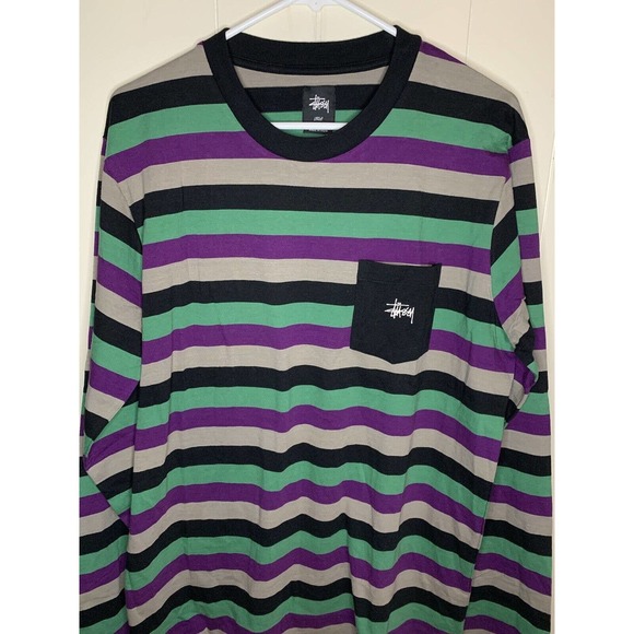 Stussy Long Sleeve Purple Green Striped Pocket T-Shirt Large EUC - Picture 1 of 7